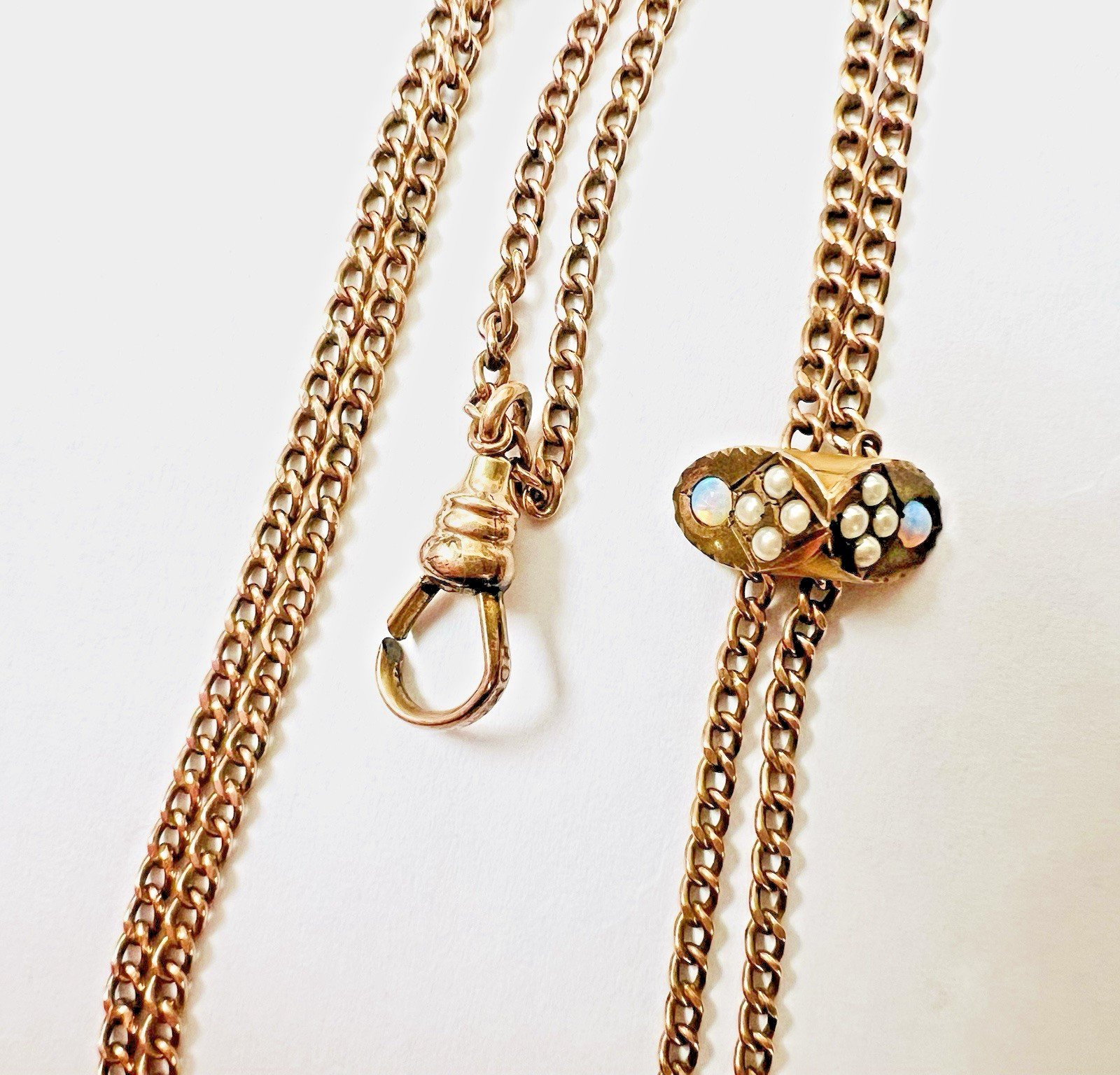 Victorian 46 In Ladies Gold Filled Watch or Muff Chain With Opal Slide Necklace