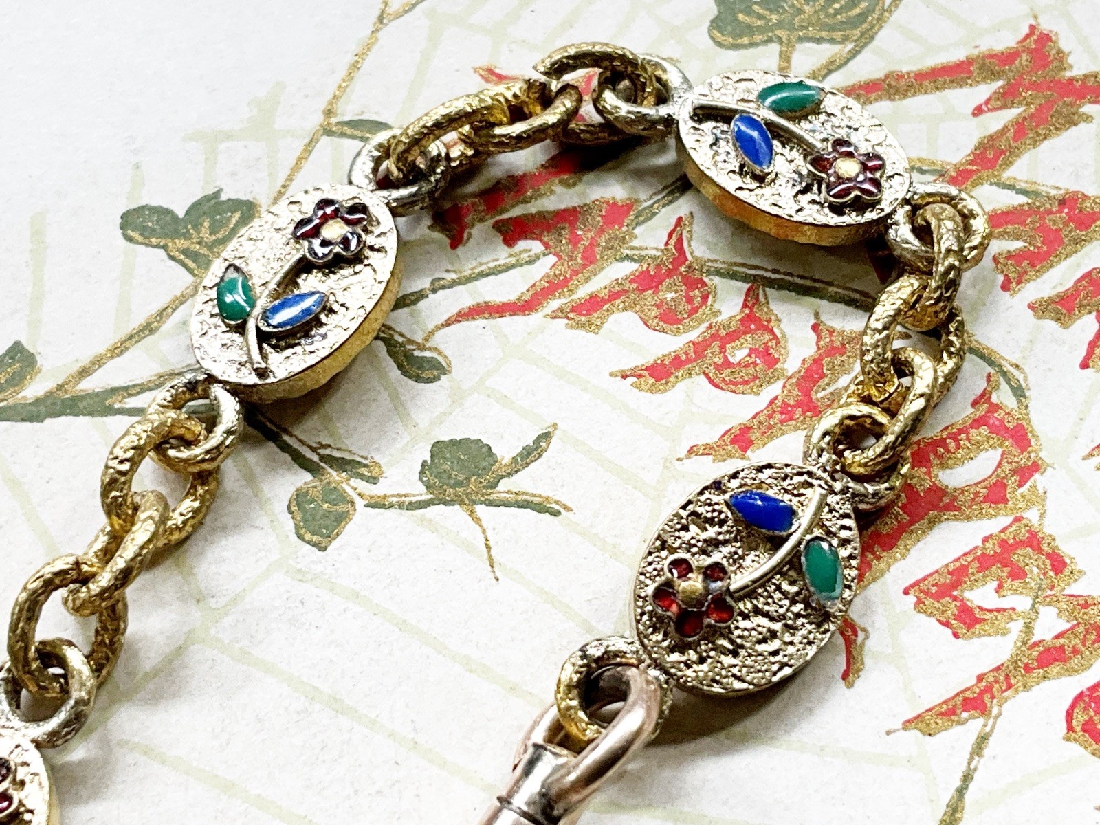 Antique Gold Filled Pocket Watch Chain Fob with Enamel Flowers & Etruscan Work