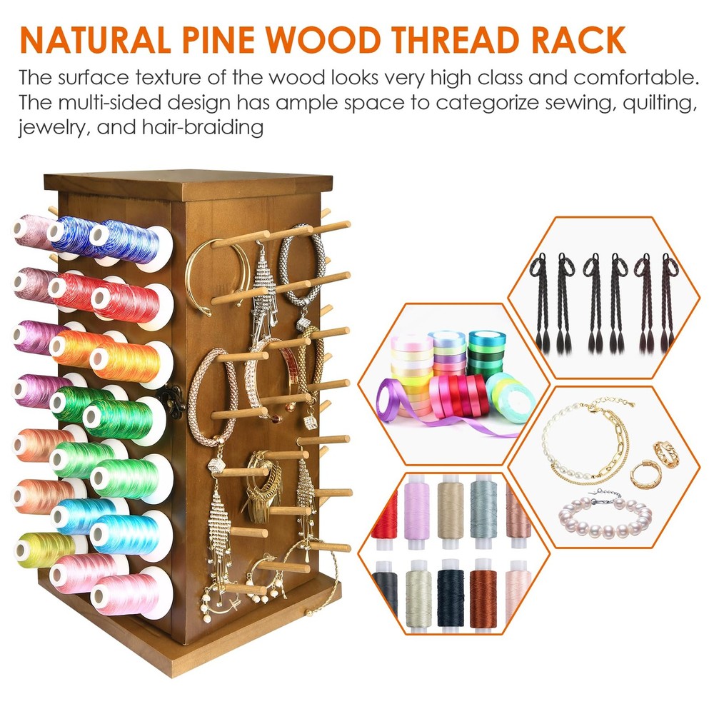 Acacia Wood 84 Spools Thread Rack/Thread Holder Organizer with Inner Storage