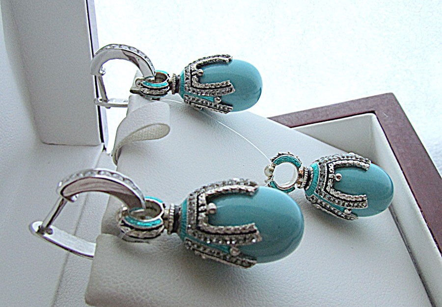 TURQUOISE EARRINGS & PENDANT SET HANDMADE RUSSIAN SOLID STERLING SILVER 925