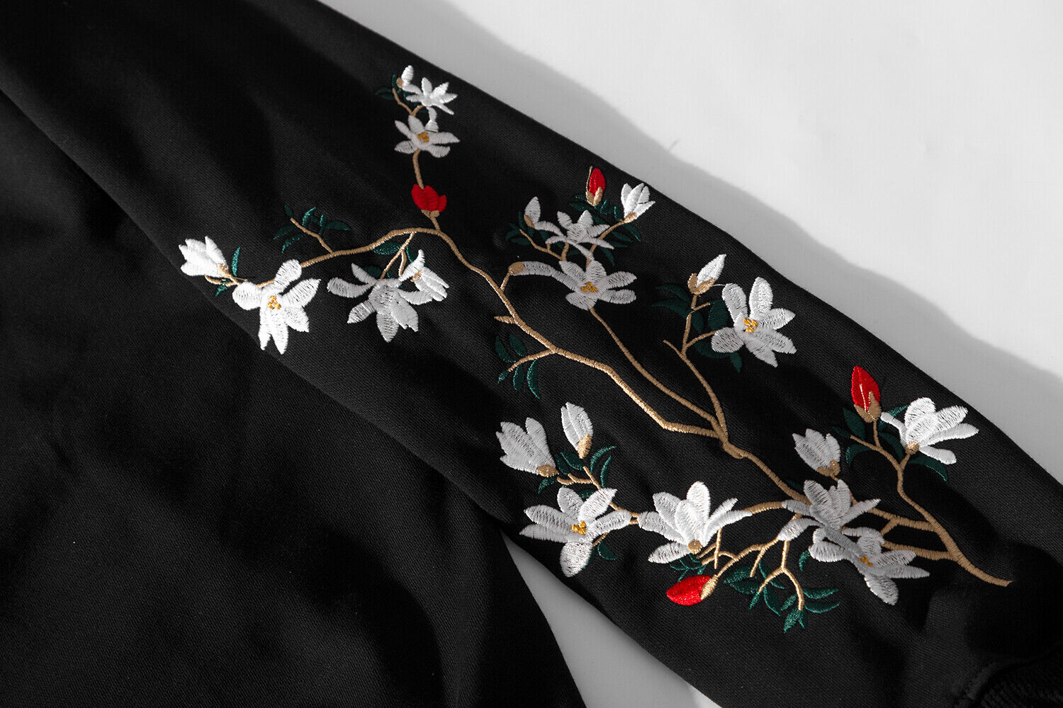 Niepce Birds and Flowers Embroidered Black Hoodie Japanese Streetwear Sweatshirt