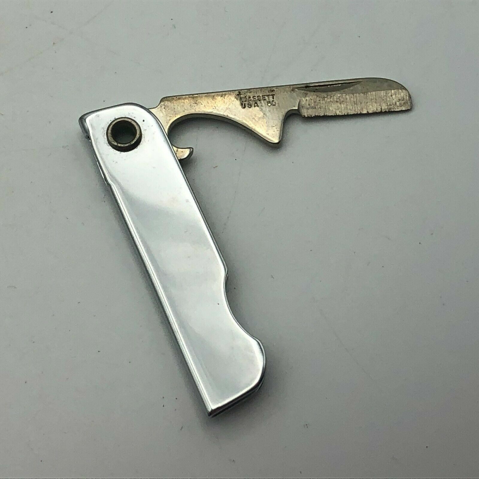 Vintage Bassett 80 USA Folding Knife Bottle Opener Combo FOB From A Keychain  ()
