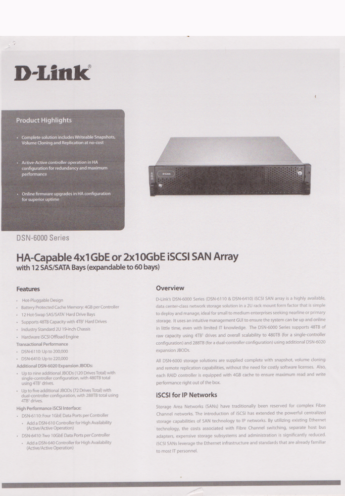 D-Link DSN 6110 HA-Capable 4x1 GbE or 2x10 GbE iSCS SAN Array