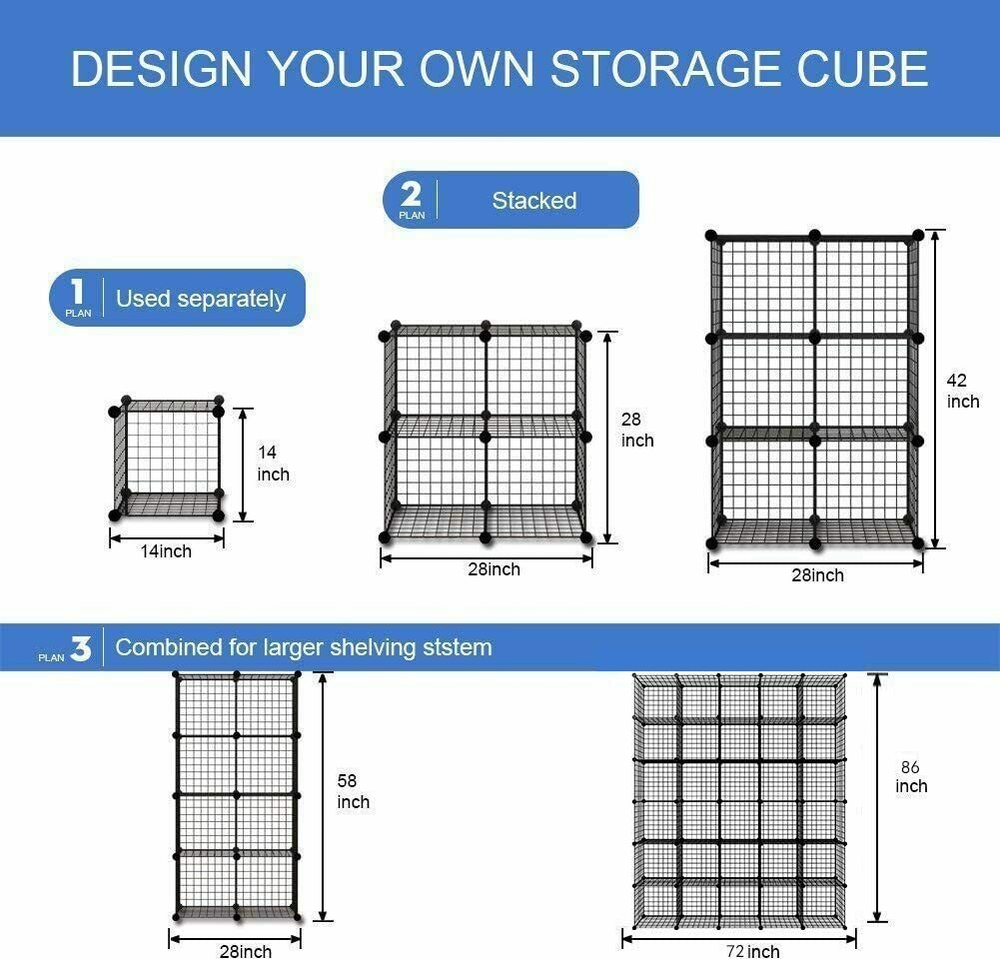 14"x14"Metal Wire Cube Grid Storage Organizer,Modular Shelf Unit Stackable Rack