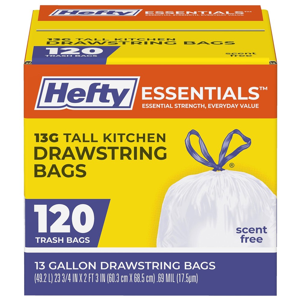 Hefty Essentials Drawstring 13 Gallon Kitchen 1 Count (Pack of 120), White