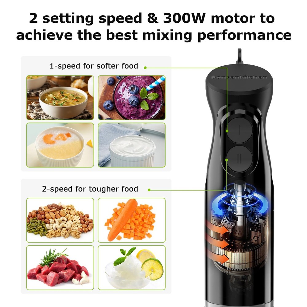 Immersion Blender Handheld, 2 Mixing Speed Hand Blender with Sharp Blades, 3-...