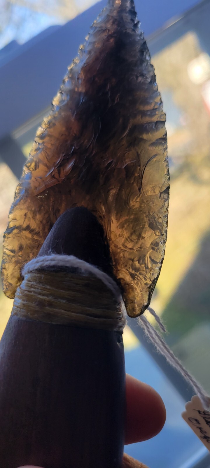 Native Amer.Smokey Obsidian Stone Knife Wood Handle Oregon Dbl. Edge Translucent
