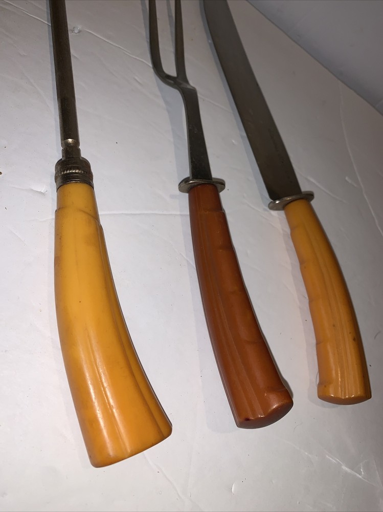 Vintage Bakelite Butterscotch 3 Pc Carving Set