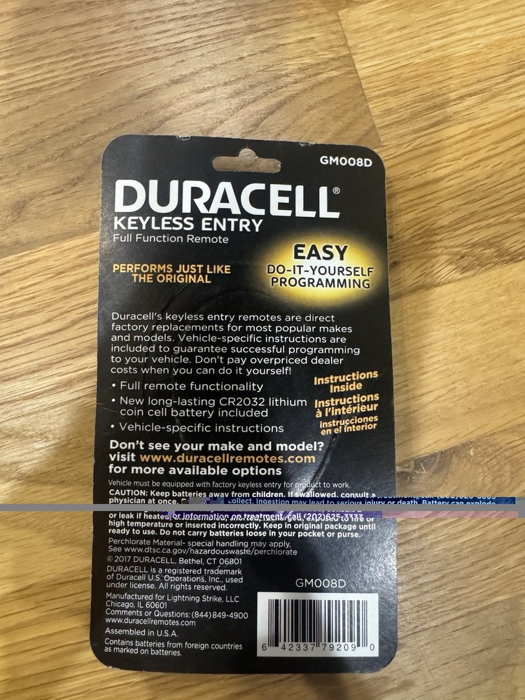 Duracell Full function remote GM GM008D Do It Yourself Programming