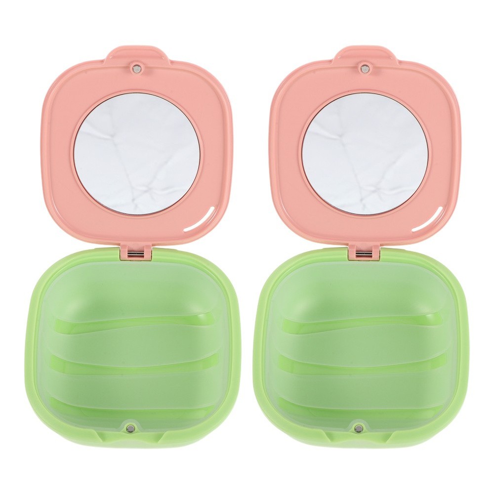 2 Pcs Dentures Protector Case Cute Slim Retainer Aligner with Mirror