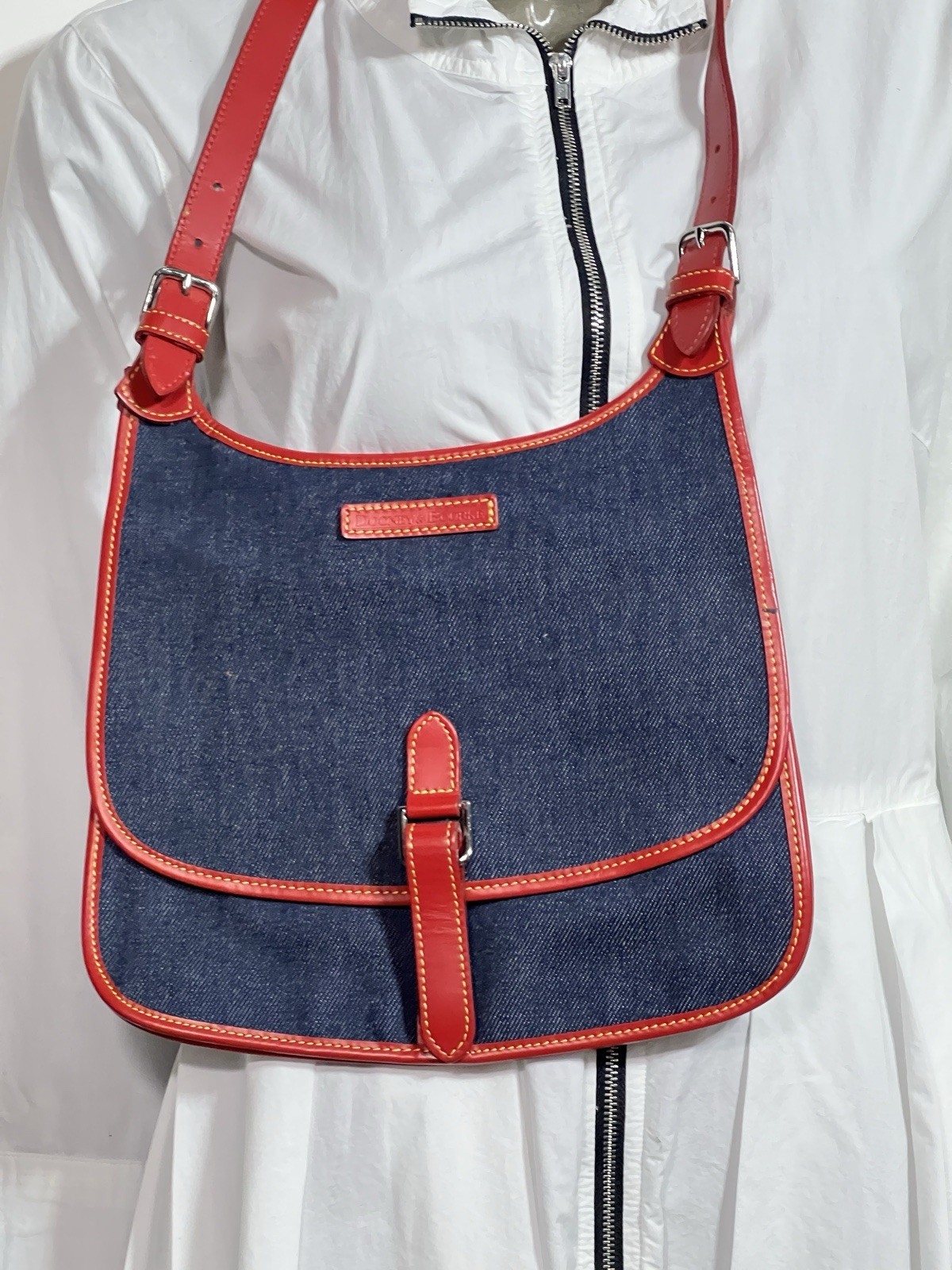 Vintage Dooney & Bourke Blue Denim Saddle Bag Red Leather Trim Messenger Handbag