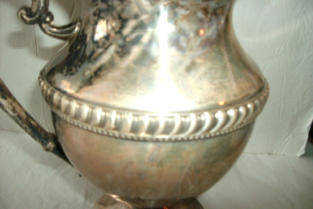 VINTAGE SILVER ON COPPER PITCHER, ENBLEM ON BOTTOM, 9 1/2" TALL