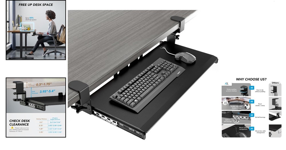 Durable Black Keyboard Tray - Adjustable C-Clamps, Space-Saving Slide-Out Design