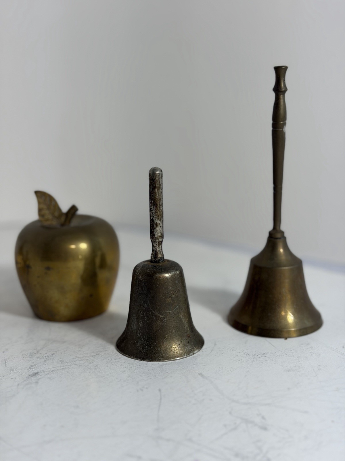 Vintage Brass Bell Lot 8pcs Mixed Decor Apple Figurine Lady MCM Metal