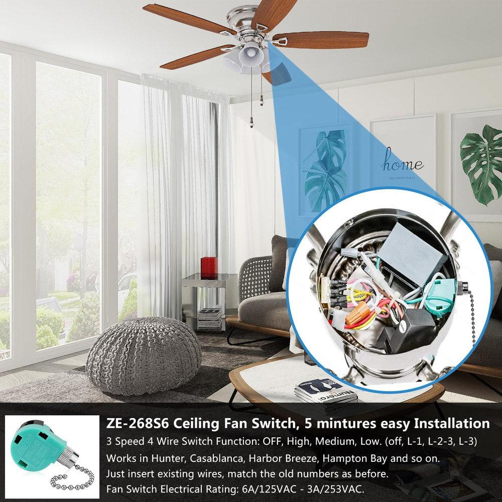 Ceiling Fan Switch, 4 Wire Zing Ear ZE-268S6 Pull Chain Switch Replacement 3 Spe