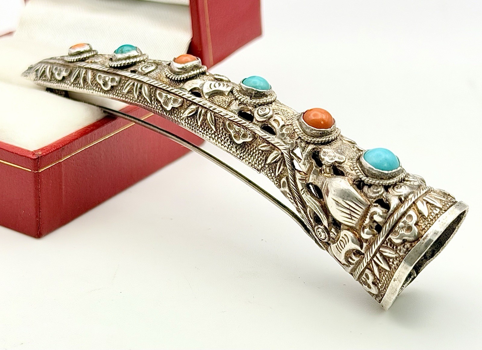 Antique Silver Chinese Finger Nail Guard / Protector Pin Rare Coral & Turquoise