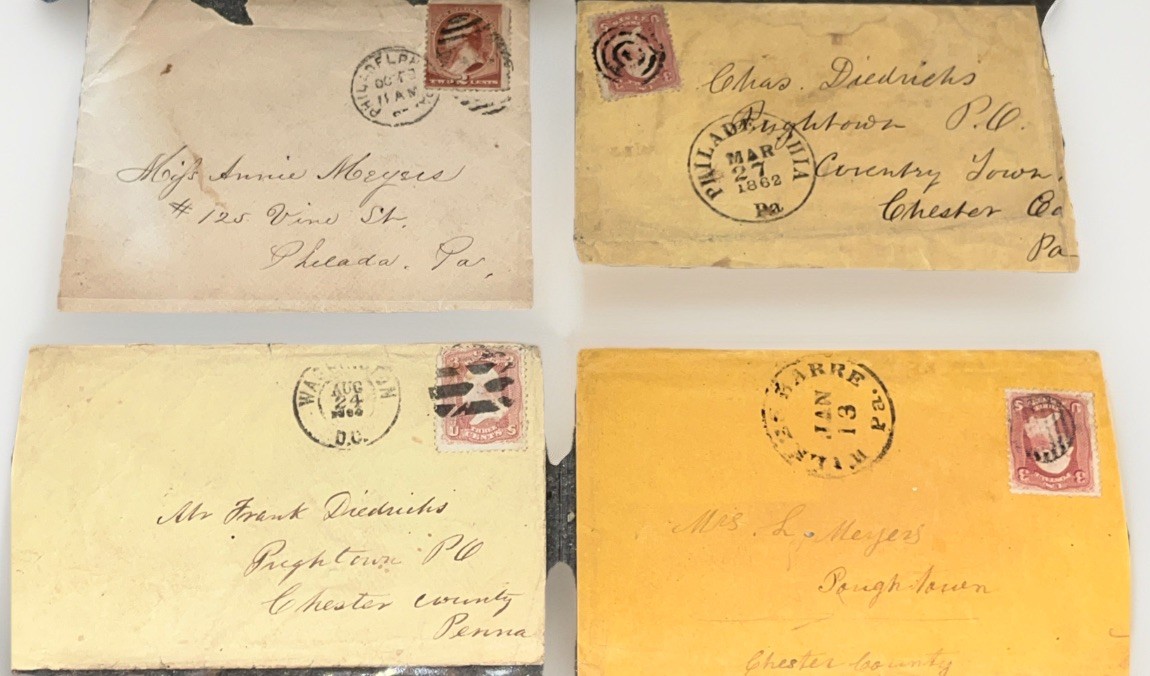 SET OF 4 US CIVIL WAR ERA COVERS 1862-1864 2c & 3c STAMPS PHILADELPHIA POSTMARKS