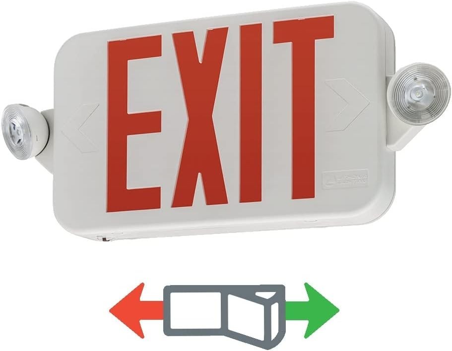 LITHONIA LED EXIT & EMERGENCY LIGHT SIGN COMBO ADJUSTABLE OPTICS RED/GREEN NEW
