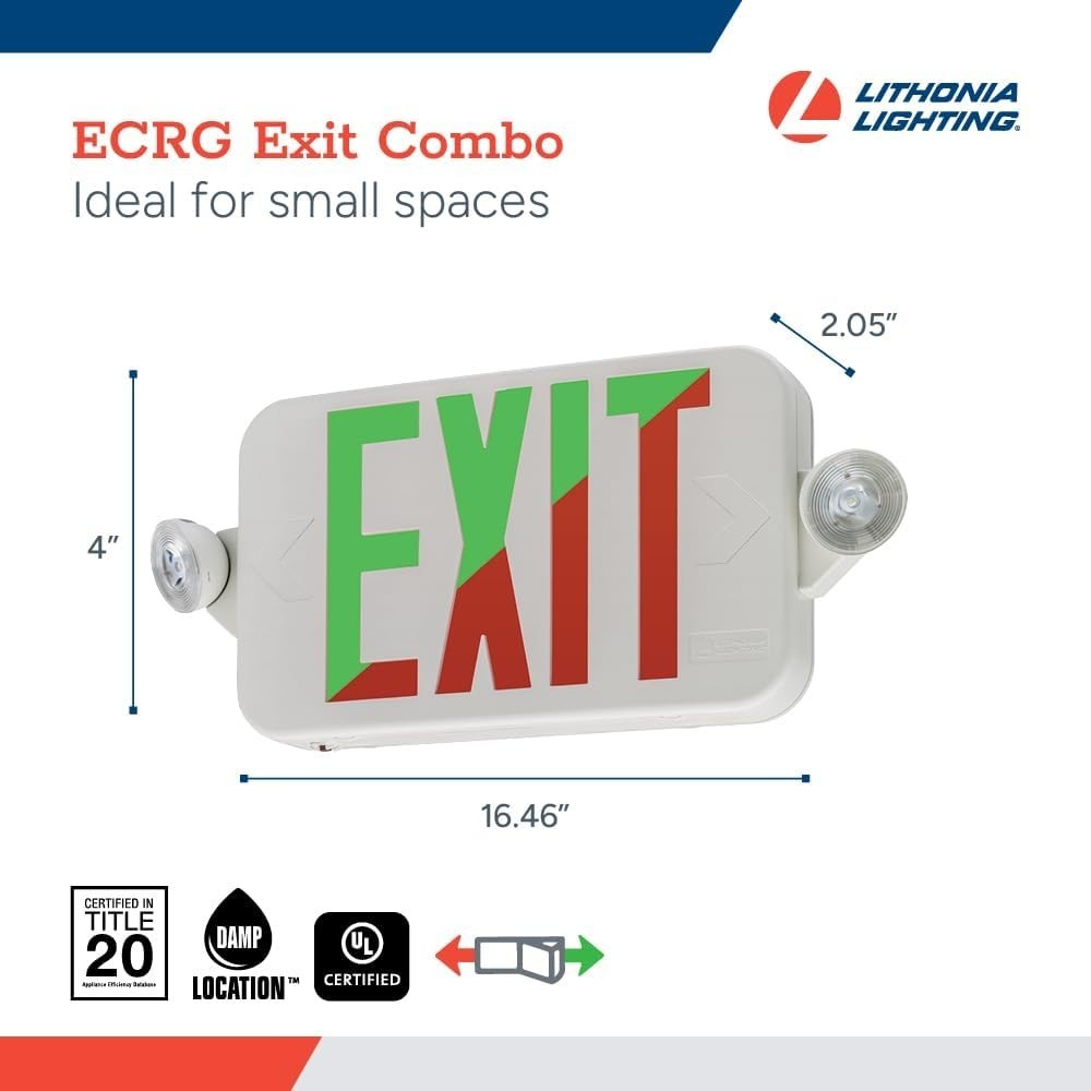 LITHONIA LED EXIT & EMERGENCY LIGHT SIGN COMBO ADJUSTABLE OPTICS RED/GREEN NEW