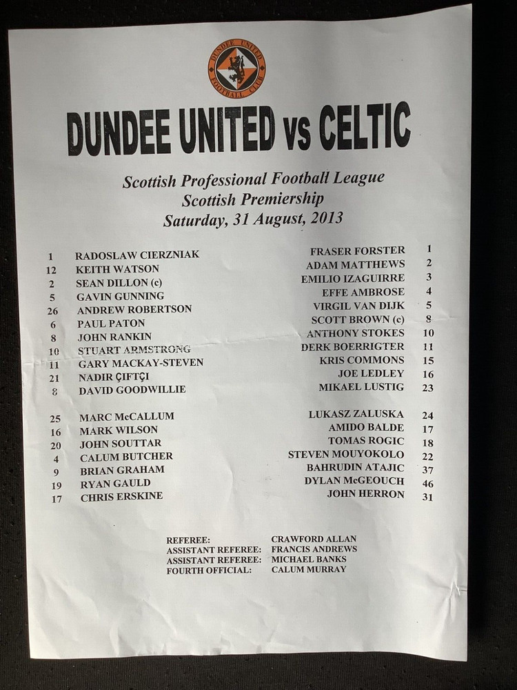 2013/14 Dundee Utd v Celtic August teamsheet