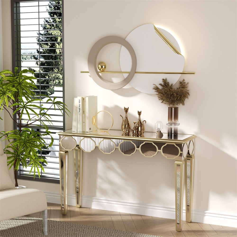 1.2m Ultra Long Mirrored Console Table Gold Rim Lantern Pattern Entryway Table