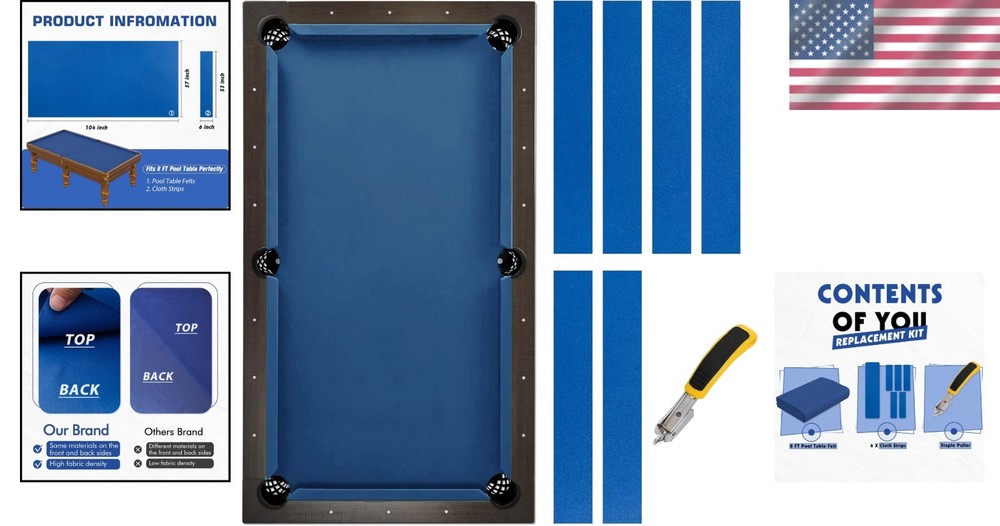 8FT Pool Table Felt Replacement Kit with 6 Cloth Strips & Staple Puller