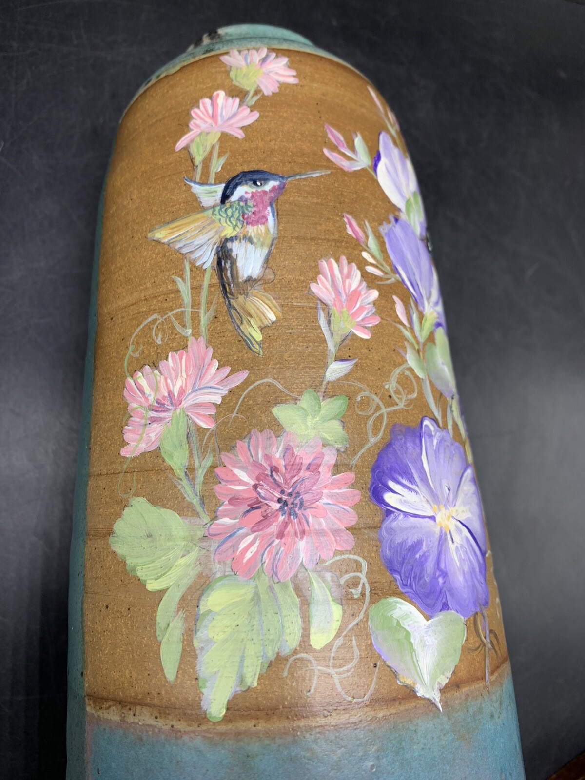 Hummingbird Vase Pottery Hand Painted Floral Art Planter