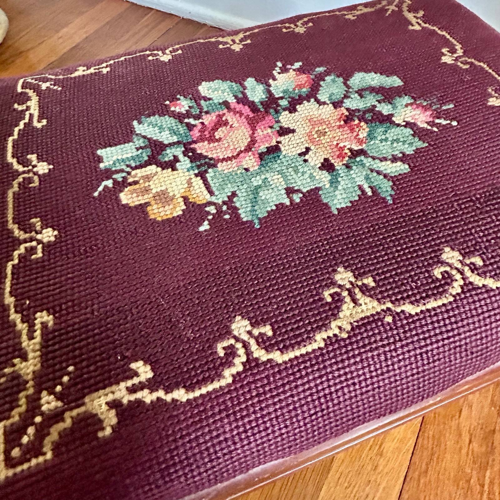 Antique Needlepoint Footstool with Queen Anne Style Legs