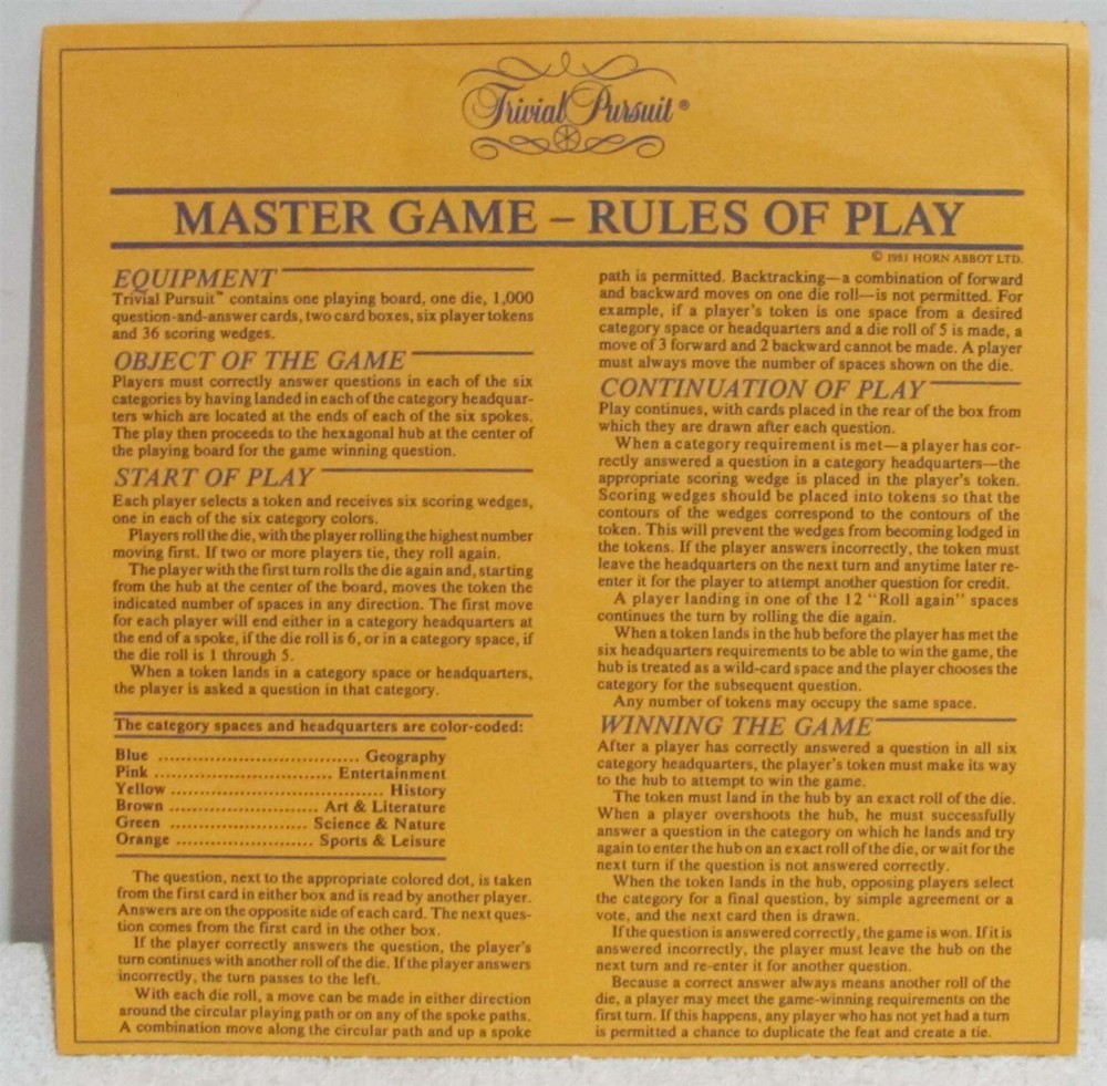 Trivial Pursuit Game MASTER GAME Instruction/Rules sheet ONLY!