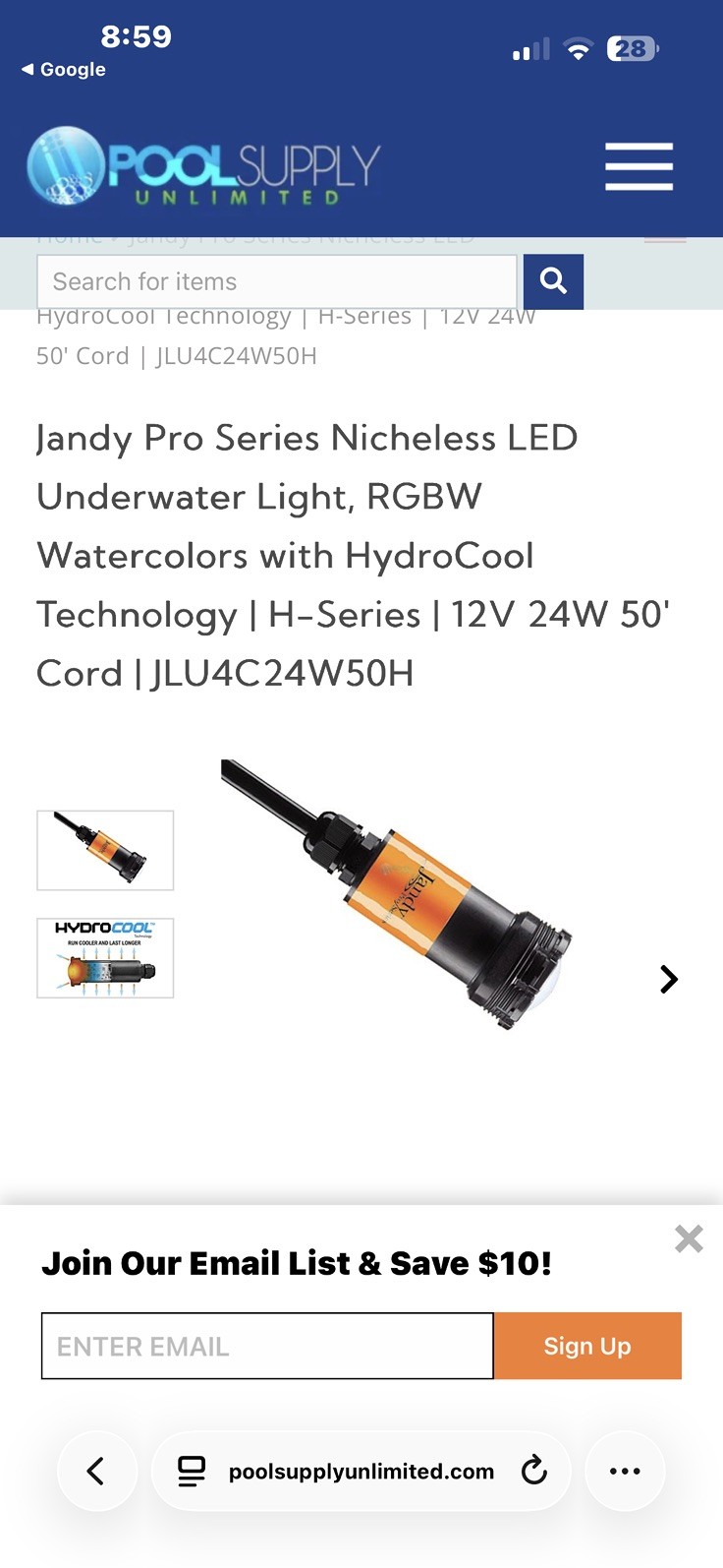 NEW Jandy Watercolors Nicheless LED Light JLU4C24W50H 24W H Series 50' Cord