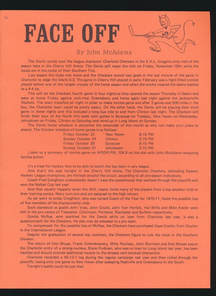 1971-72 NEW JERSEY DEVILS vs Charlotte Checkers (EHL) -SCORE CARD/PROGRAM
