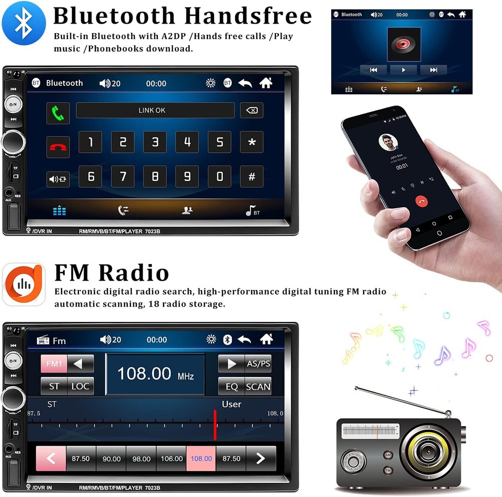 CAMECHO Car Stereo Bluetooth 7" HD Touch Screen MP5 Player Android IOS Mirror