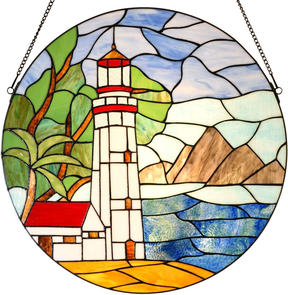 Lighthouse Tiffany Style Stained Glass Window Panel - 22" Round Design