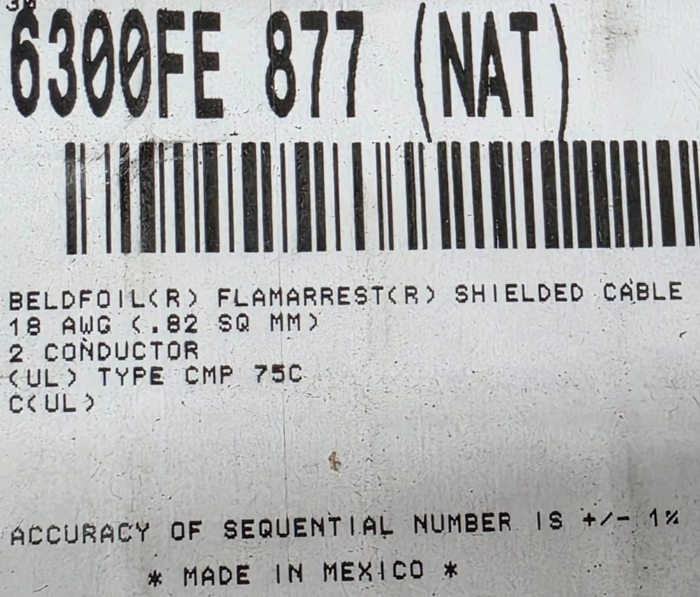 Belden Wire 6300FE 18/2C Shielded Media Control/Audio Cable Plenum White /100ft