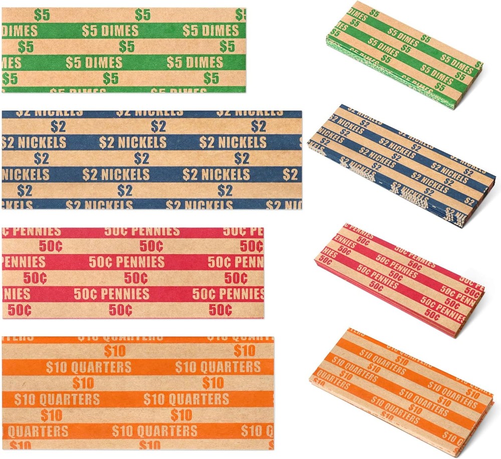 ESSENTIAL 100 pcs Assorted Packed Flat Stripped Coin Wrappers, 100-Assorted