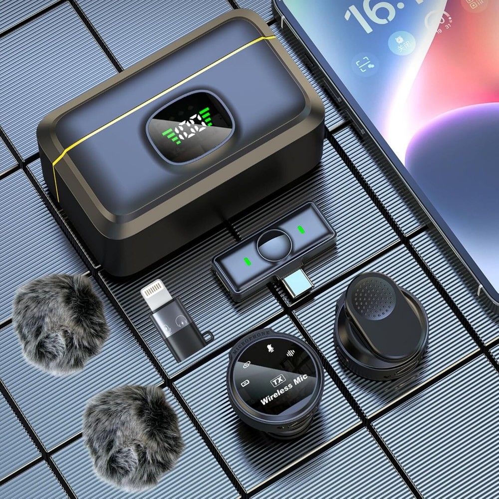 2 in 1 Wireless Lavalier Microphone for iPhone/Android, Noise Cancellation