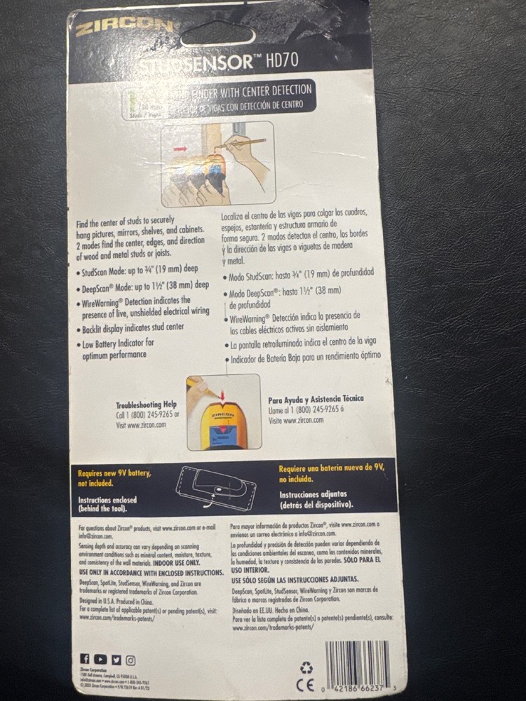 Zircon StudSensor HD70 Stud Finder LED Center Detection Wire Warning