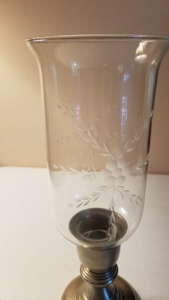 Pewter Hurricane lamp with Etched glass