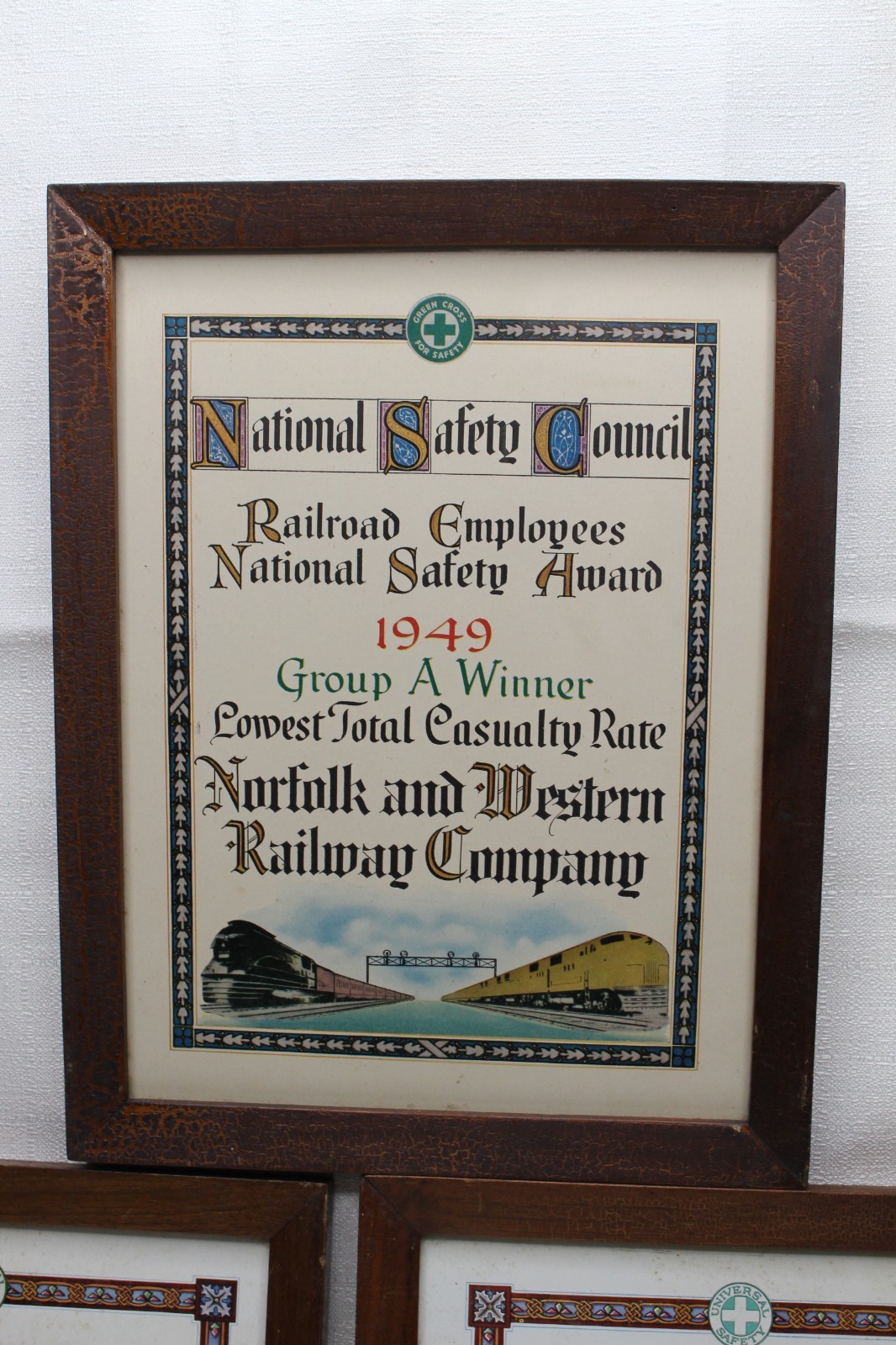 3 NORFOLK AND WESTERN RAILWAY SAFETY AWARD FRAMED CERTIFICATES N&W RAILROAD RY