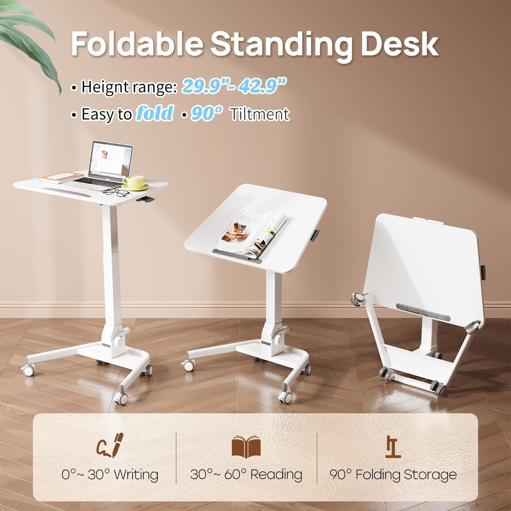Foldable Mobile Standing Desk, 90 Tiltable Rolling Standing Desk, Height Adju...