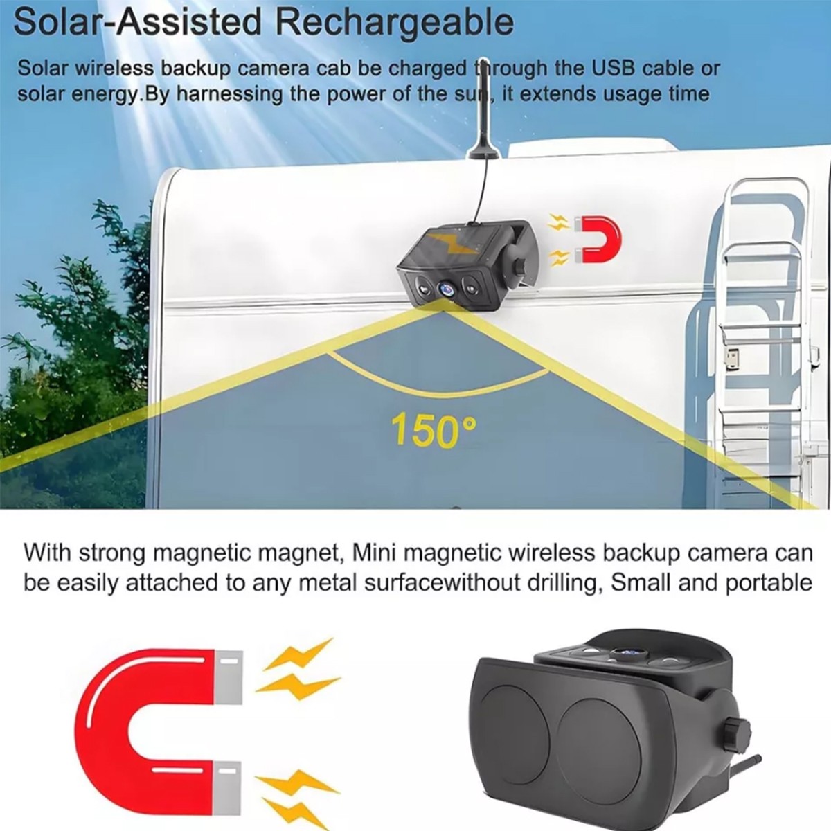 5" Monitor 1080P Solar Magnetic Wireless RV Backup Camera for Car Trailer Truck
