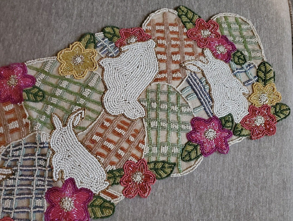 Easter Beaded Table Runner Pastel Bunny Eggs Floral