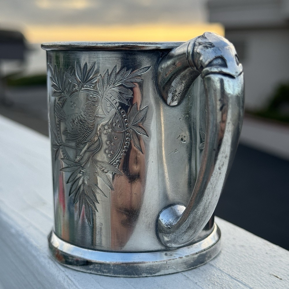 Vintage Mini Silverplate Mug Bird Bamboo Etched 3” Small Cup Keepsake Decor