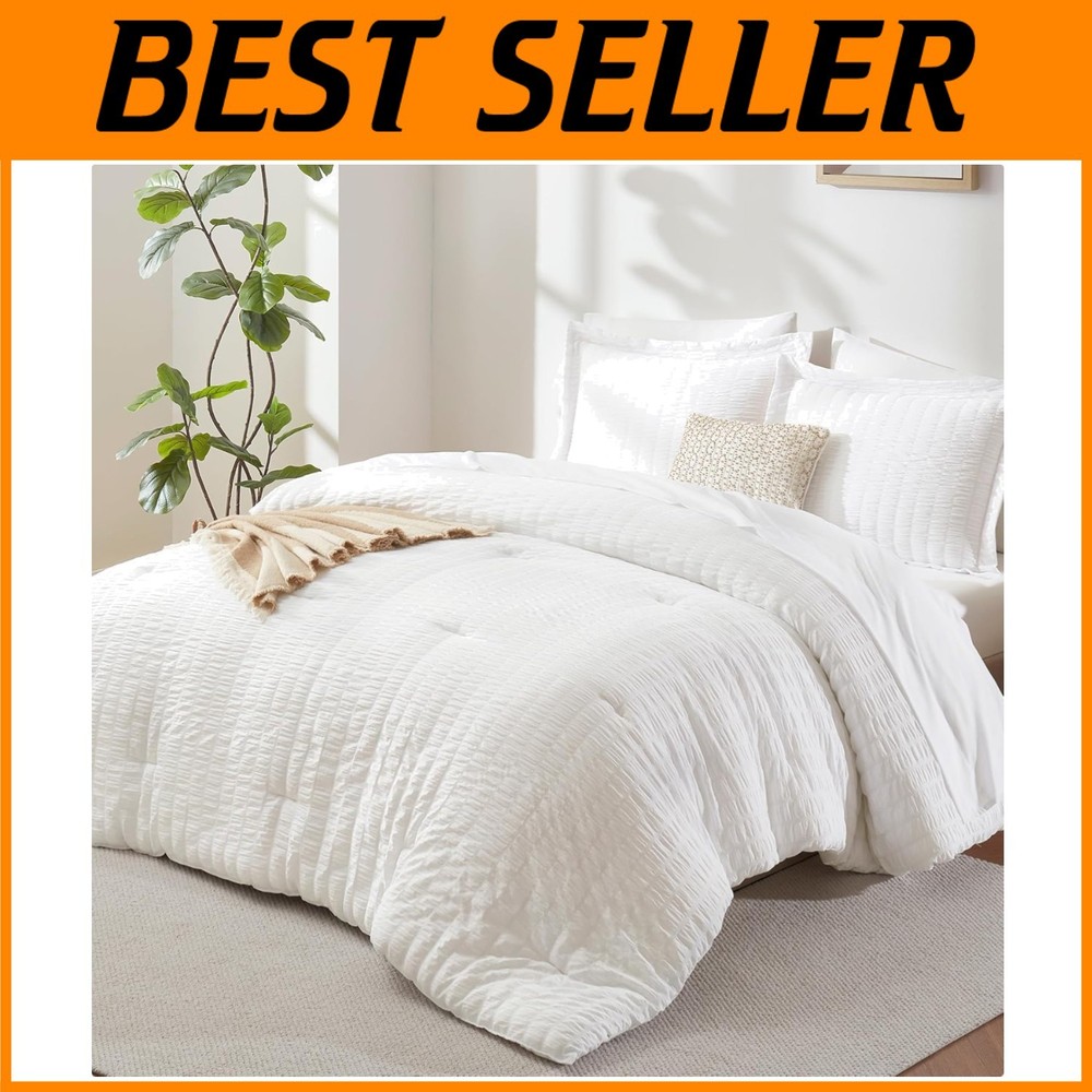 White Seersucker Queen Comforter Set 7 Pieces