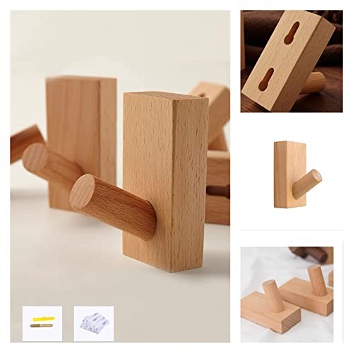 Adhesive Wall Hooks Hat Rack, Wooden Coat Hooks Wall 4Pack Rectangle-Beech