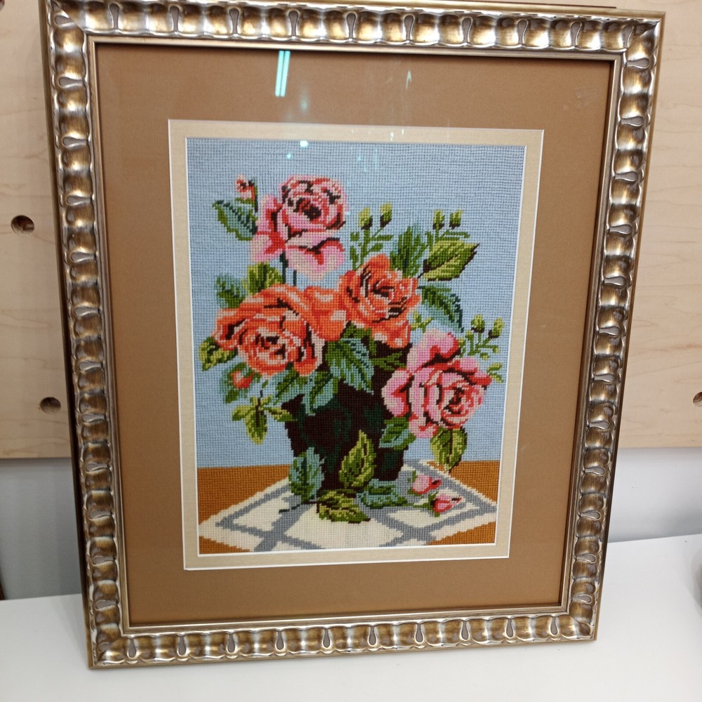 Beautiful Vintage Roses Needlepoint Framed Artwork
