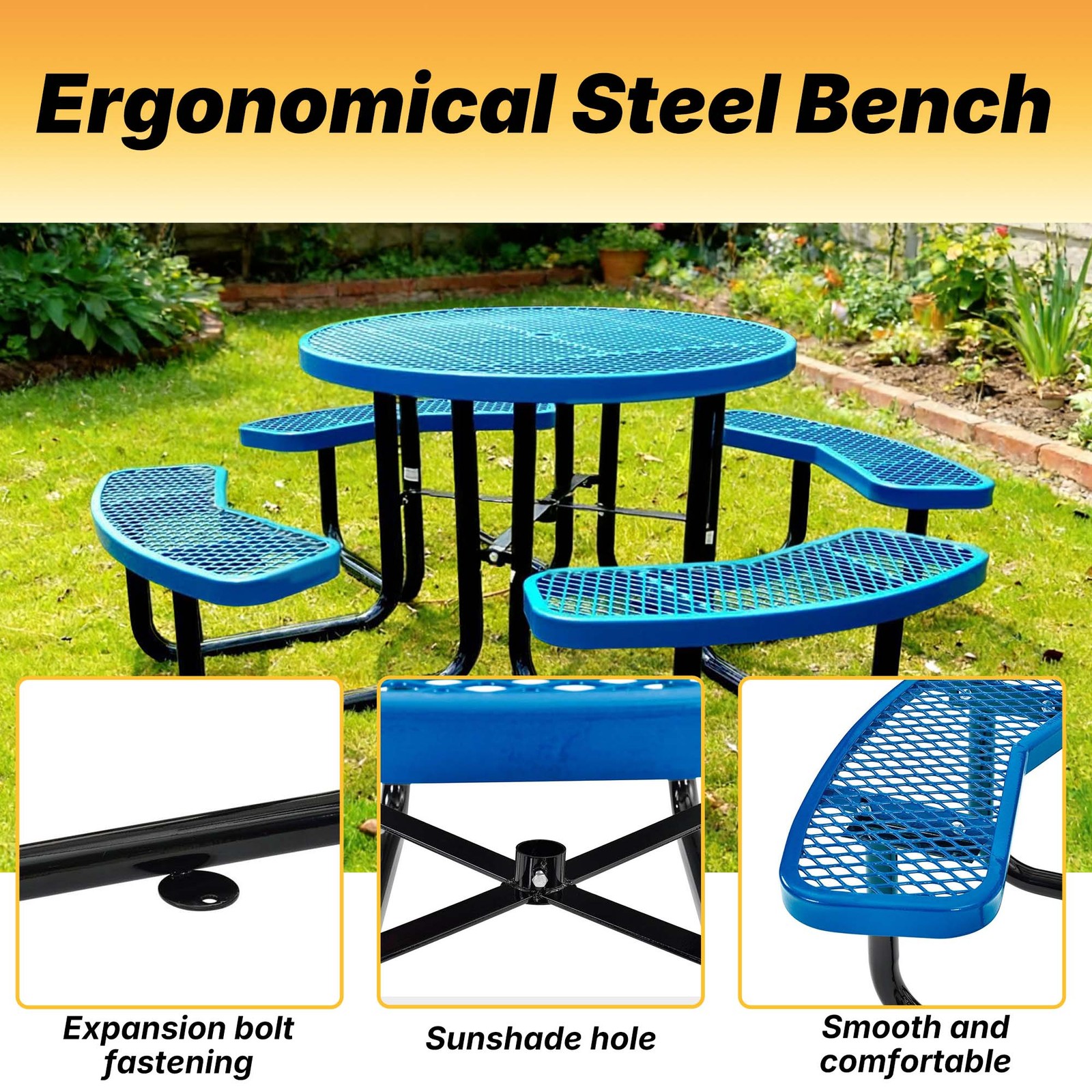 LAUCO 46 Inch Round Metal Picnic Table with Attached Benches, Red Thermoplastic