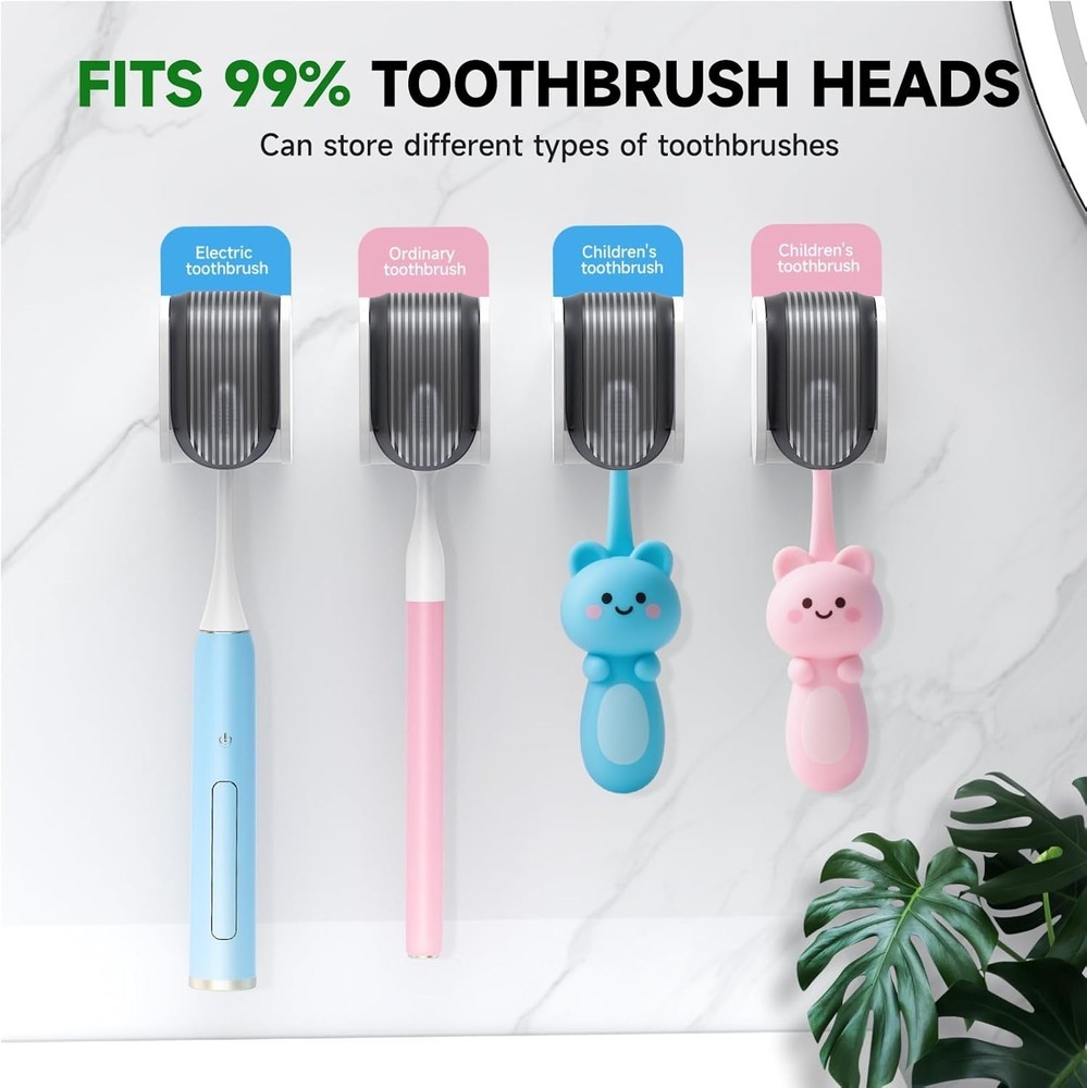Toothbrush Holders Wall Mounted Self Adhesive Waterproof Dustproof Grey 4pcs