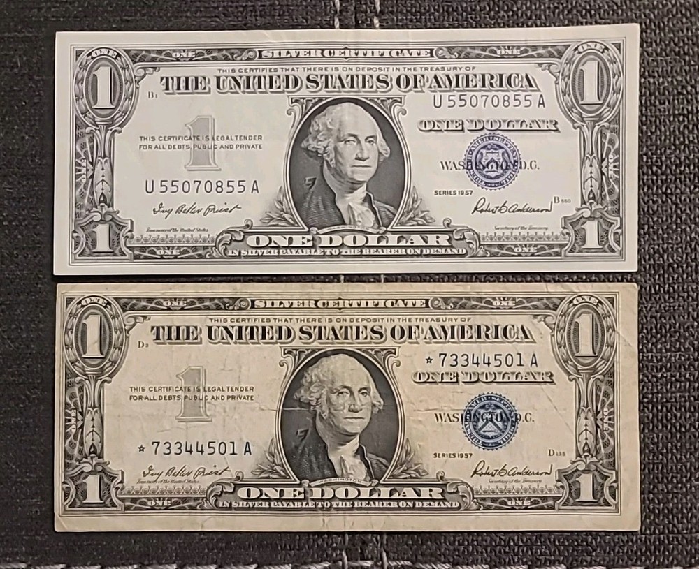 2 - 1957  $1 Blue Seal Notes, 1 MISALIGNED STAR NOTE & 1 VF CRISP NOTE