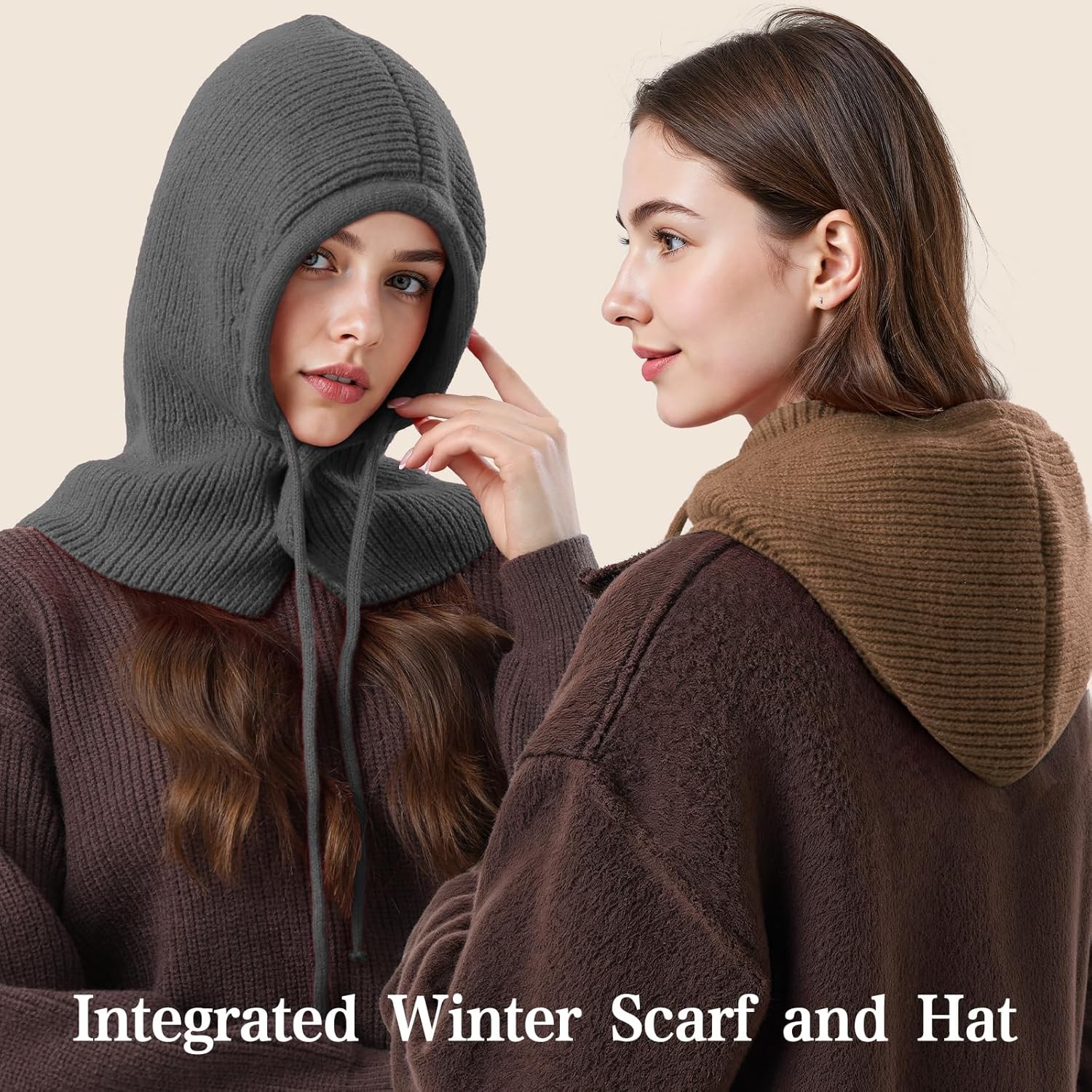 Balaclava Hat for Women, Warm Ear Neck Hooded Scarf with Drawstring, Grey